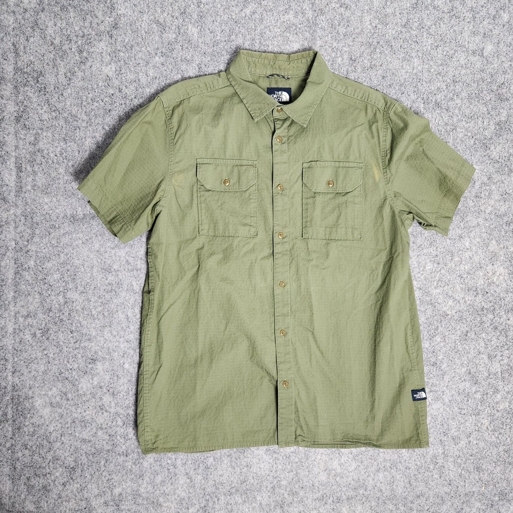 The North Face Button Up Shirt Men L‎ Green Short Sleeve Hiking Gorpcore Outdoor